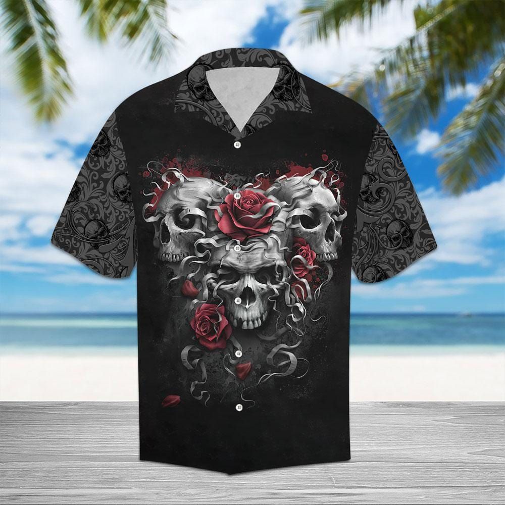Felacia [Hawaii Shirt] Scary Trio Skull Red Roses Hawaiian Aloha Shirts-ZX2650